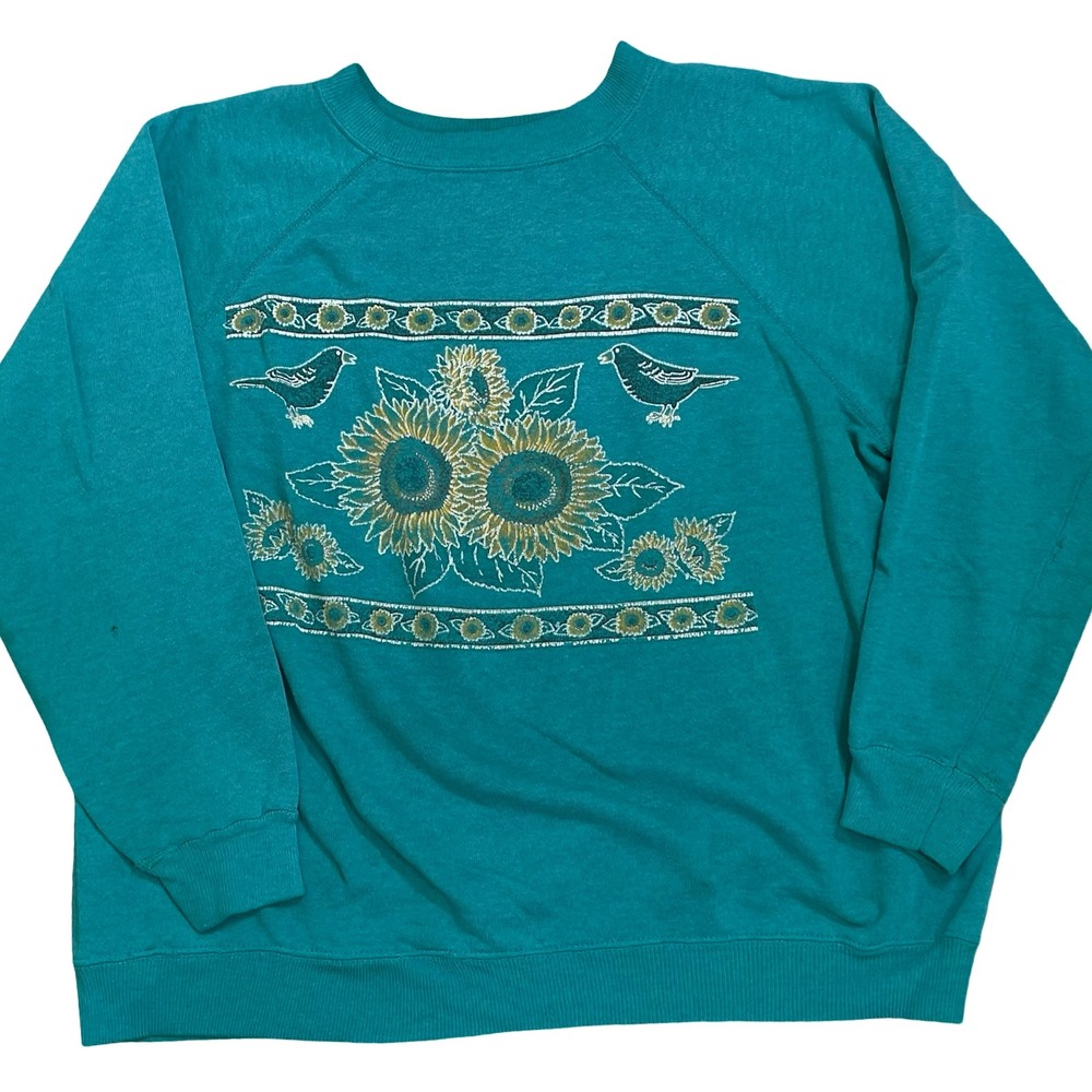 Vintage Hanes Her Way Sunflower Bird Sweatshirt Women L Teal 90s Raglan USA Made